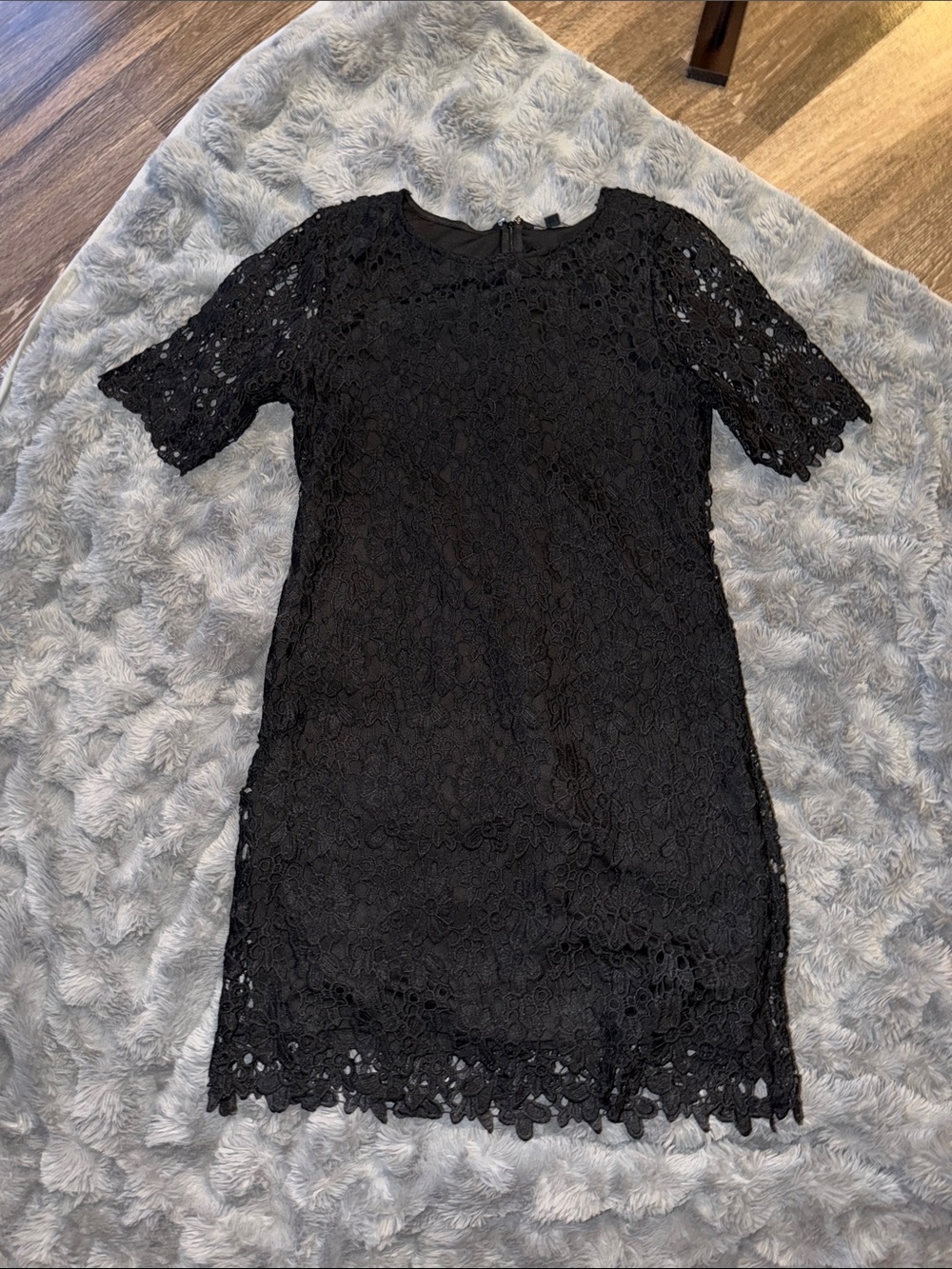 Nina Leonard Black Lace Midi Cocktail Dress with Crochet Overlay - Picture 3 of 4